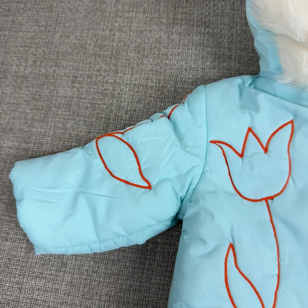 Vintage Sears Blue Tulip Puffer Winter Coat Zip Up Jacket Hood Small 6-9 Months